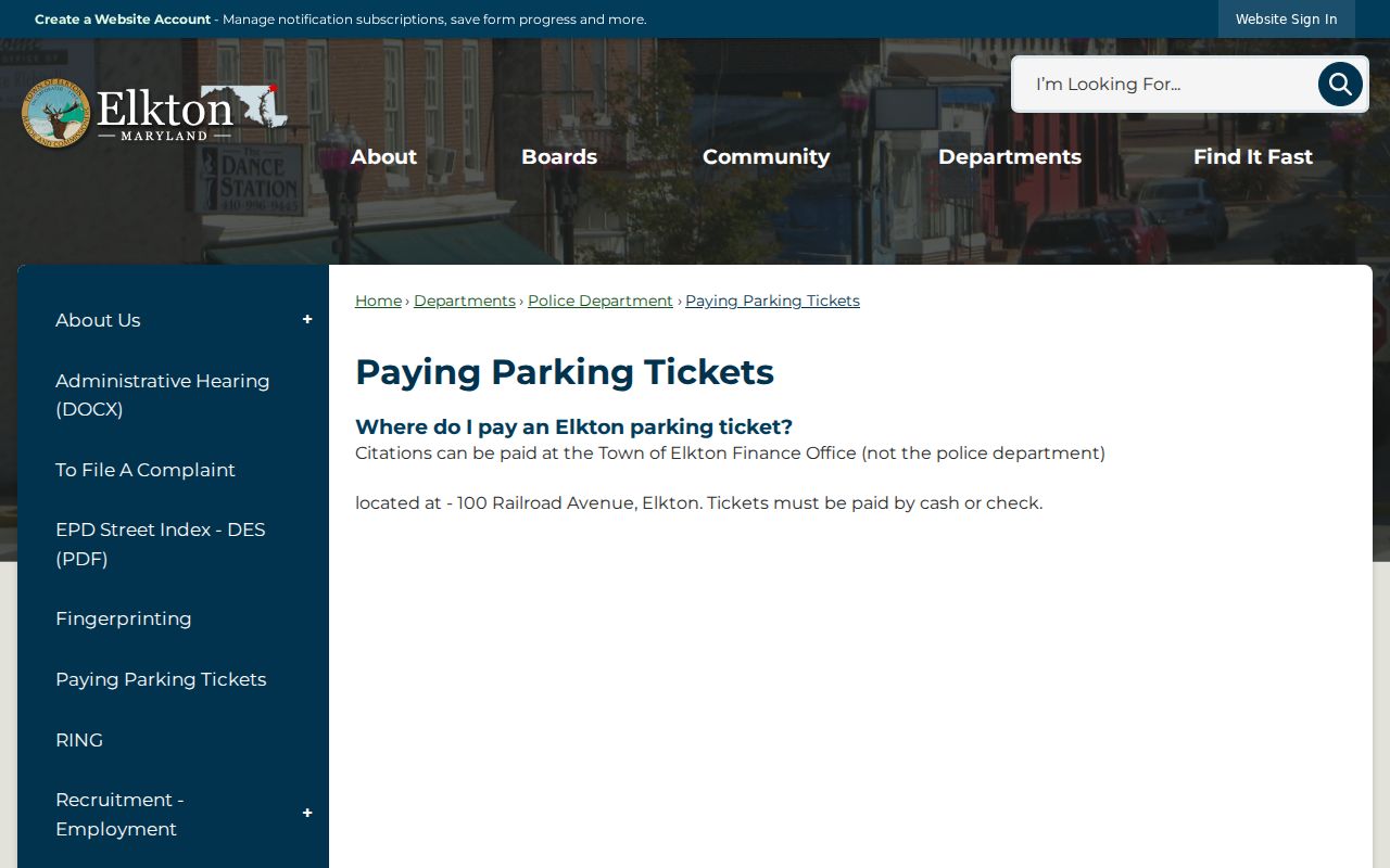 Elkton town parking payment page used for Elkton warrant records guidance