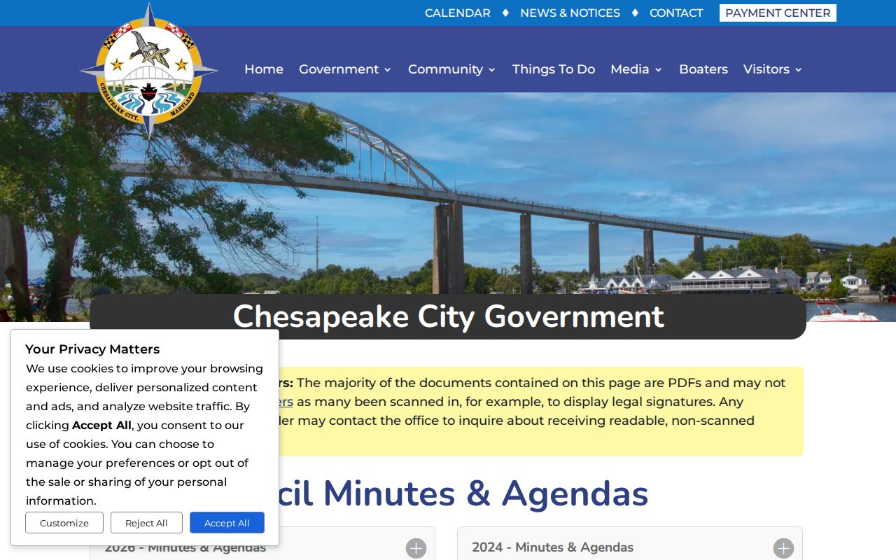 Chesapeake City municipal government page used for Chesapeake City warrant records context