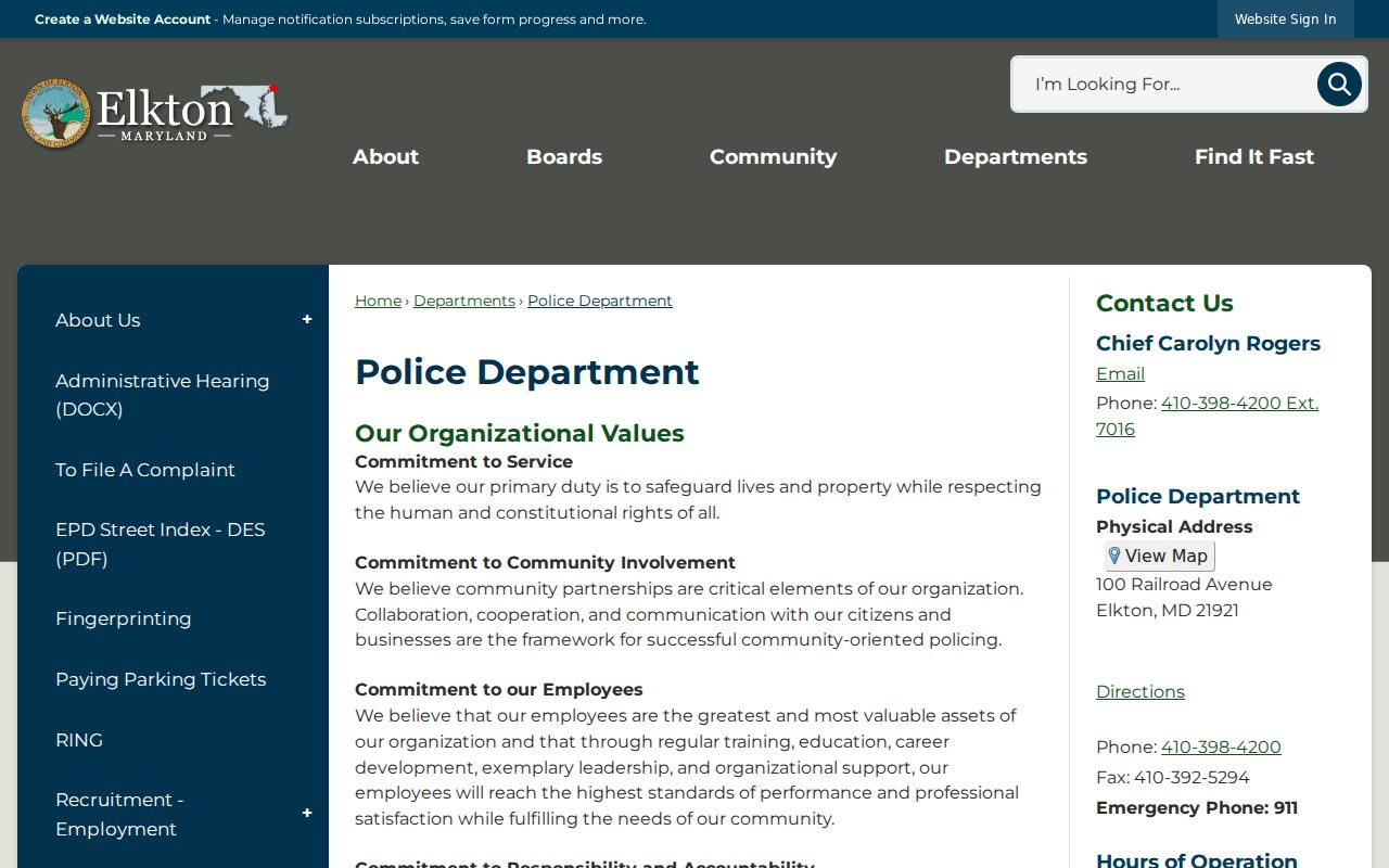 Elkton Police Department contact page used for Elkton warrant records guidance