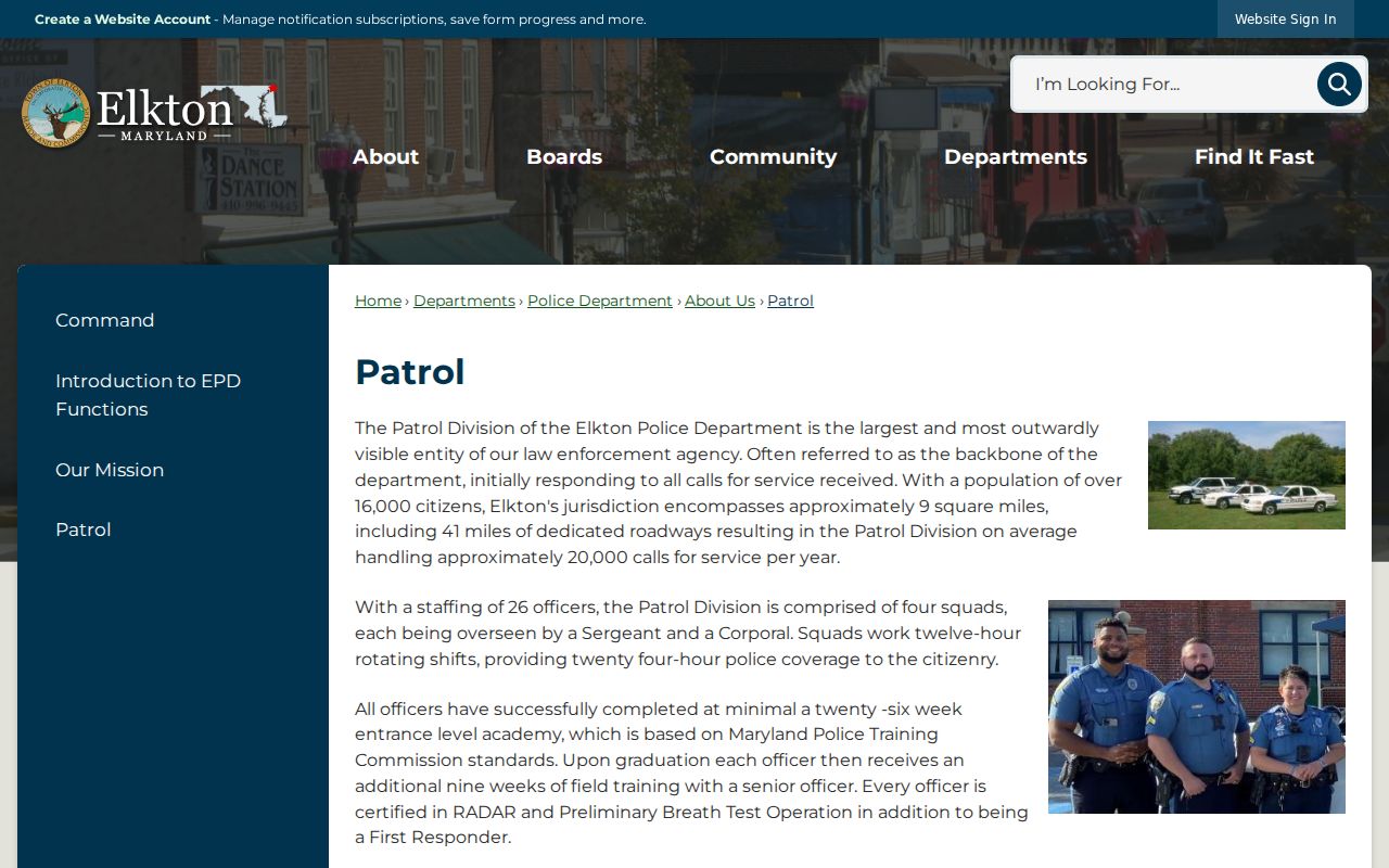 Elkton Police Department patrol structure page used for Elkton warrant records context