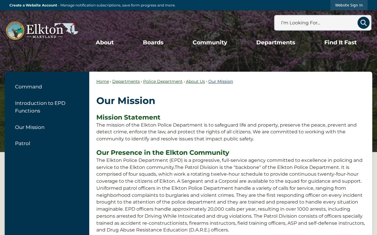 Elkton Police Department public service page used for Elkton warrant records context